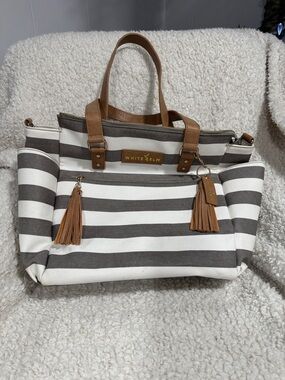 White + Elm Gray and White Striped Canvas Tote with Tan Trim